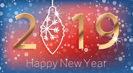 Fototapeta na wymiar Happy New Year 2019 Poster with Golden Greeting Text and White Snowflakes. Vector Illustration.