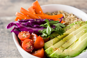 Vegan Buddha bowl with fresh raw vegetables and quinoa on wooden table. Close up

