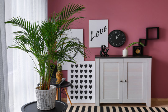 Decorative Areca palm on table in interior of room