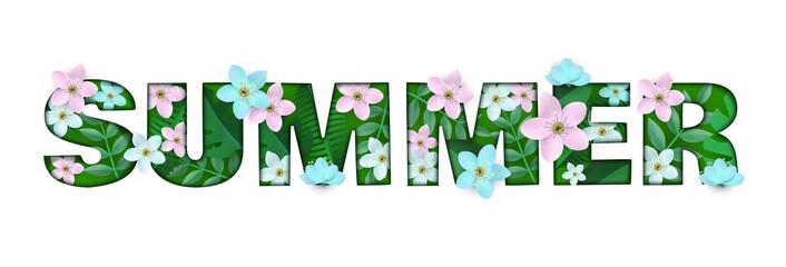 Vector illustration of Summer word floral design isolated on white background - natural letters with beautiful tender flowers and green leaves. Seasonal text decoration with blooms and foliage.