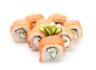 Tasty sushi rolls on white background