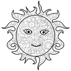 Adult antistress coloring sun pattern, astrakhan. Illustration of black lines doodle, white background