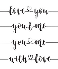 Kocham Cię, Ciebie i mnie, z kaligrafią miłosną zapisaną w jednej linii. Walentynki, kartki z życzeniami, elementy projektu Tagi prezent