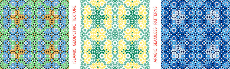 Materiał do szycia Arabic seamless ornament set. Islamic traditional geometric pattern, wrapping paper, wallpaper, tile, decoration, textiles. Three different color palettes.