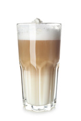 Glass of tasty aromatic latte on white background