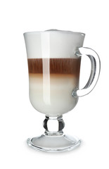 Glass cup of tasty aromatic latte on white background