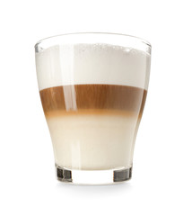 Glass of tasty aromatic latte on white background