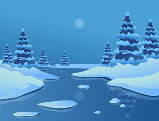 Winter. Landscape with stylized Christmas trees and snowdrifts. Vector image.