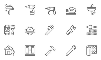 Construction, Building, Home Repair And Tools Vector Line Icons Set. Plumbing, Electrical, Windows, Building And Home Improvement. Editable Stroke. 48x48 Pixel Perfect.