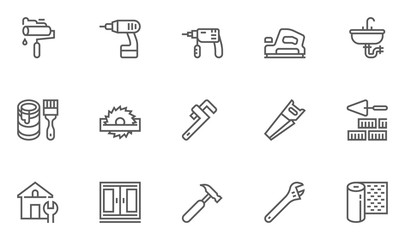 Construction, Building, Home Repair And Tools Vector Line Icons Set. Plumbing, Electrical, Windows, Building And Home Improvement. Editable Stroke. 48x48 Pixel Perfect.