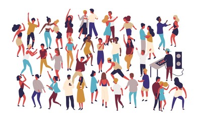 Crowd of tiny people dancing on dance floor at night club isolated on white background. Happy of men and women having fun at party or music festival. Colored vector illustration in flat cartoon style. - obrazy, fototapety, plakaty