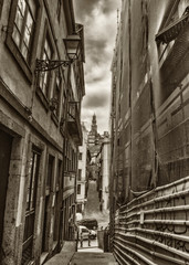 Narrow Building Alley with Tower , Porto, Portugal