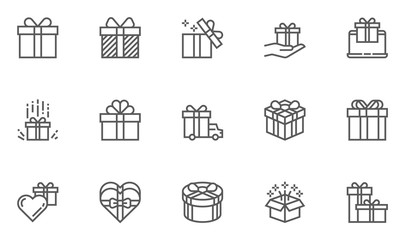 Gift and Surprise Vector Line Icons Set. Gift Box Tied with Ribbon and Decorated with a Bow. Editable Stroke. 48x48 Pixel Perfect.