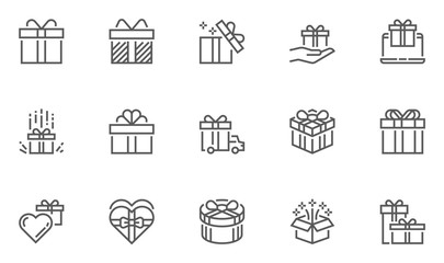 Gift and Surprise Vector Line Icons Set. Gift Box Tied with Ribbon and Decorated with a Bow. Editable Stroke. 48x48 Pixel Perfect.