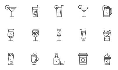 Drink and Beverage Vector Line Icons Set. cocktails, coffee, alcoholic beverages. Editable Stroke. 48x48 Pixel Perfect.
