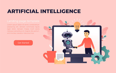Robot and man make agreement by handshake. Industry 4.0 and artificial intelligence. Machine learning. Flat vector landing page template concept in living coral palette