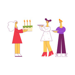 Vector stylized people at birthday party, anniversary celebration holding birthday cake with candles and plates to share. Young male, female characters celebrating