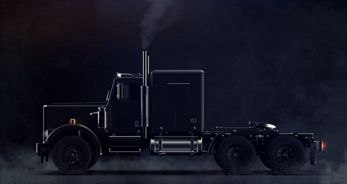 Classic black semi truck side view on dark background with smoke (3D illustration)