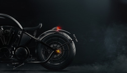 Rear black motorcycle detail on dark background with smoke (3D illustration) © Open Studio