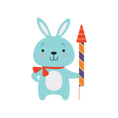 Cute bunny with a party popper, lovely cartoon animal character, design template can be used for New Year or Christmas, Birthday card, banner, poster, holiday decoration vector Illustration