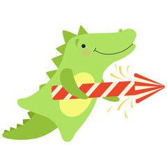 Crocodile with a party popper, cute cartoon animal character, design template can be used for New Year or Christmas, Birthday card, banner, poster, holiday decoration vector Illustration