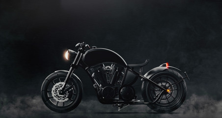 Black classic motorcycle on dark background with smoke (3D illustration)
