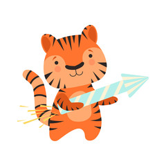 Fototapeta na wymiar Tiger with a party popper, cute cartoon animal character, design template can be used for New Year or Christmas, Birthday card, banner, poster, holiday decoration vector Illustration