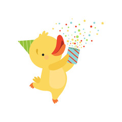 duckling with a party popper, lovely cartoon animal character, design template