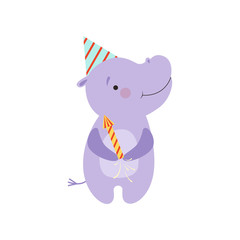 Cute hippo with a party popper, lovely cartoon animal character, design template can be used for New Year or Christmas, Birthday card, banner, poster, holiday decoration vector Illustration