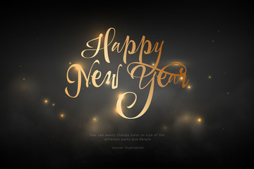 Text Happy New Year golden color. Low poly wireframe art on black background. Concept for holiday or magic or miracle. Effect Starry sky. Polygonal illustration with connected dots and lines. Vector