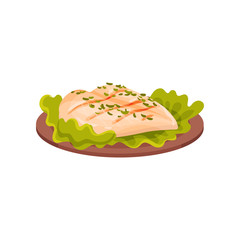 Grilled chicken meat served with lettuce leaves on a plate, tasty poultry dish vector Illustration on a white background