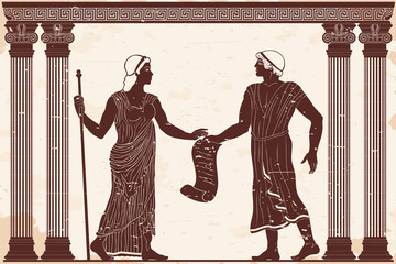 Ancient Greek man and woman in tunics in the old temple between the columns.