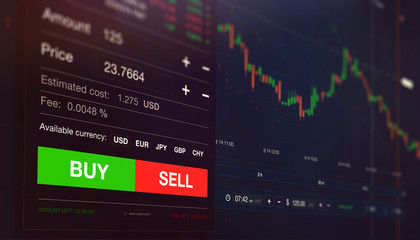 Modern stock exchange scene with chart, numbers and BUY and SELL options (3D illustration)