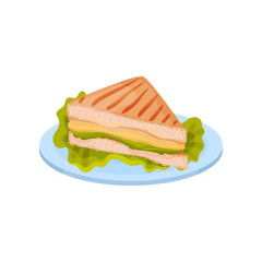 Sandwich with chicken meat, cheese and lettuce on a plate vector Illustration on a white background