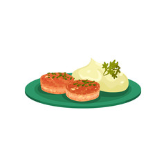 Cutlets with mashed potatoes served on a plate, tasty dish vector Illustration on a white background