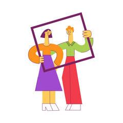 Vector illustration of couple of young man and woman holding empty picture frame and looking through it isolated on white background - portrait of cheerful male and female characters in flat style.