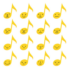Set of sixteen yellow musical notes with emoji expressions on a