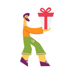 Vector illustration of young man carrying wrapped gift box decorated with ribbon and bow isolated on white background - flat male character giving or delivering present in festive package.
