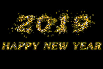 2019 Happy new year greeting of circular bokeh text isolated on black background.