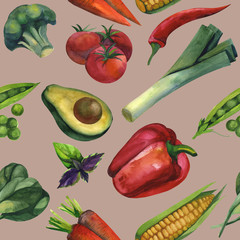 Hand drawn watercolor. Seamless pattern with colored healthy food