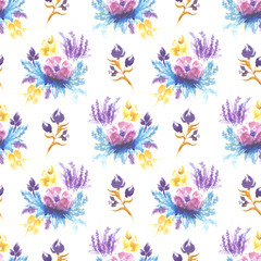 Fototapeta na wymiar Purple watercolor flowers bouquet Floral seamless background
