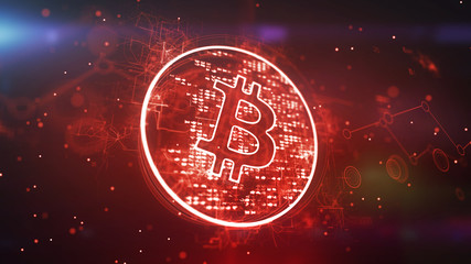 Bright Bitcoin in Red Network with Nebulas - obrazy, fototapety, plakaty