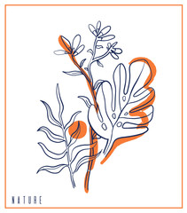 Obraz premium Hand drawn card sketch style Wild flowers . Line nature style,Drawing flora,hand drawn botany.