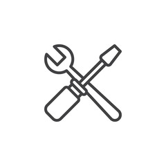 Crossed spanner and screwdriver outline icon. linear style sign for mobile concept and web design. Screwdriver and wrench simple line vector icon. Repair setting symbol, logo illustration. 