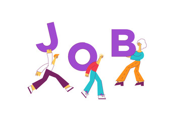 Vector cartoon characters carry job letters on shoulders with a smile. People in casual clothing and concept of unformal work environment. Women, men and corporate letters