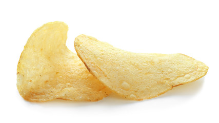 Fototapeta na wymiar Tasty potato chips on white background