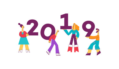 Vector funny cartoon people with 2019 new year numbers. Male, female character with smile in casual clothing holding in hands, pulling, carry huge numbers. Greeting card, corporate party design