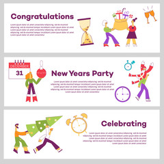 Vector merry christmas, happy new year corporate celebrating banners set. Winter holiday party poster, greeting card, invitations design with cute characters, santa claus, christmas tree