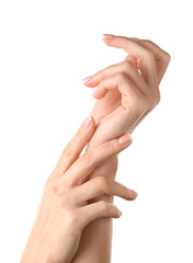 Female hands on white background