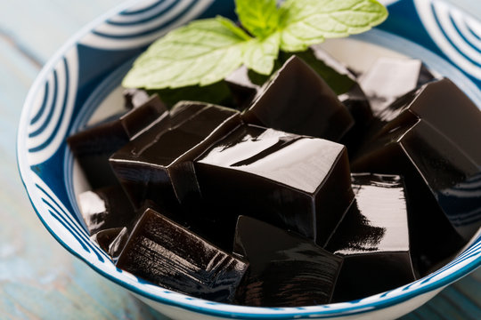 Closeup of traditional Chinese herb food Guiling Jelly. Guilinggao, a traditional Chinese Herb-Made Dessert.